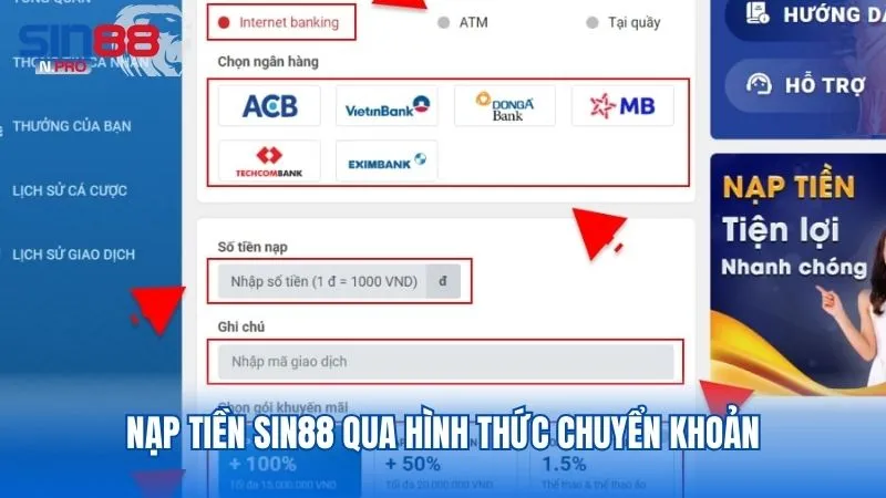 Hướng dẫn nạp tiền Sin88 bằng hình thức chuyển khoản